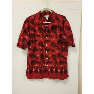 Urgent Mens M‎ Red Dragon Print Button Up Shirt Short Sleeve Casual Top